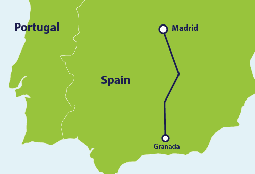 Map with train route Madrid to Granada